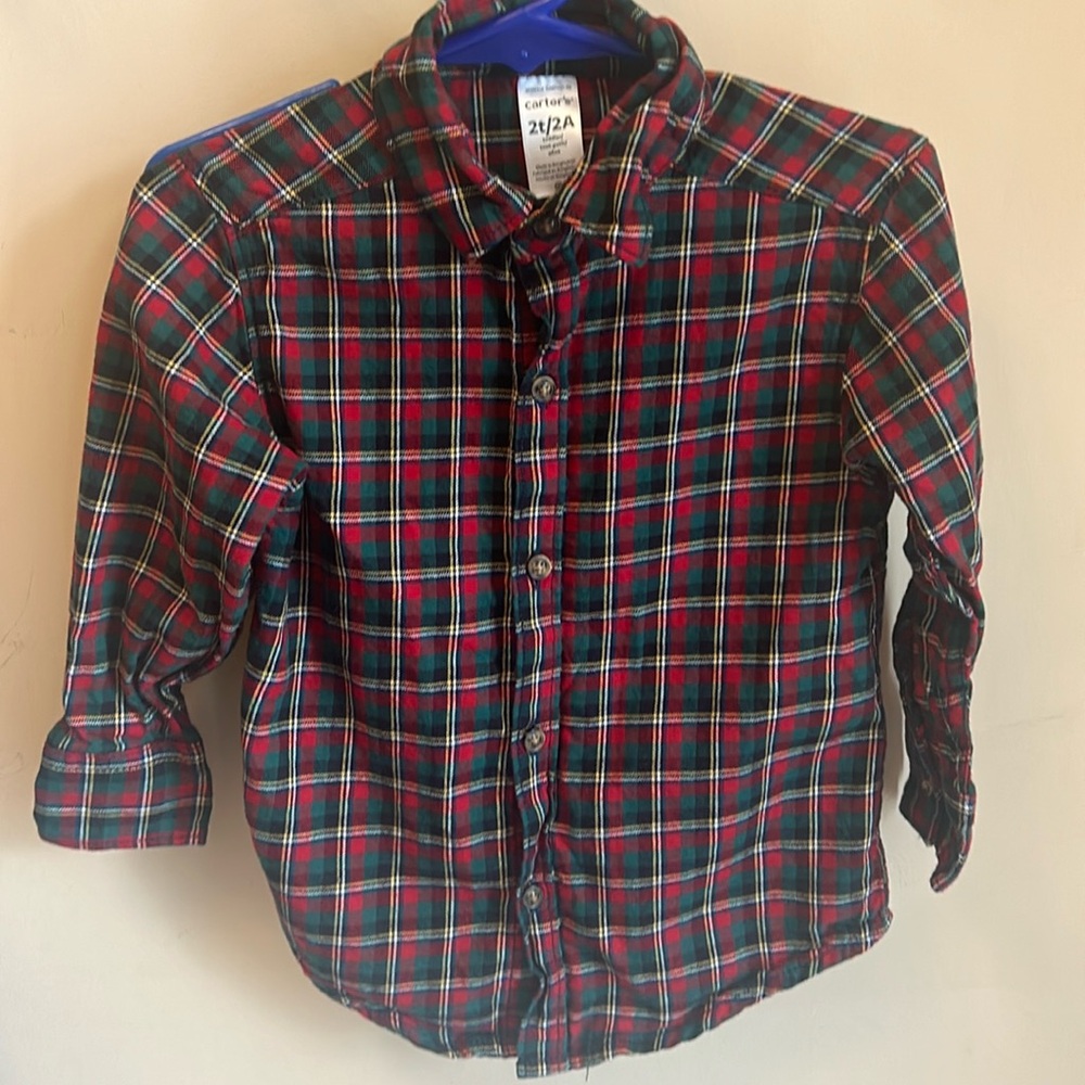 Carters Like New Green and Red Plaid Button Down shirt Size 2T